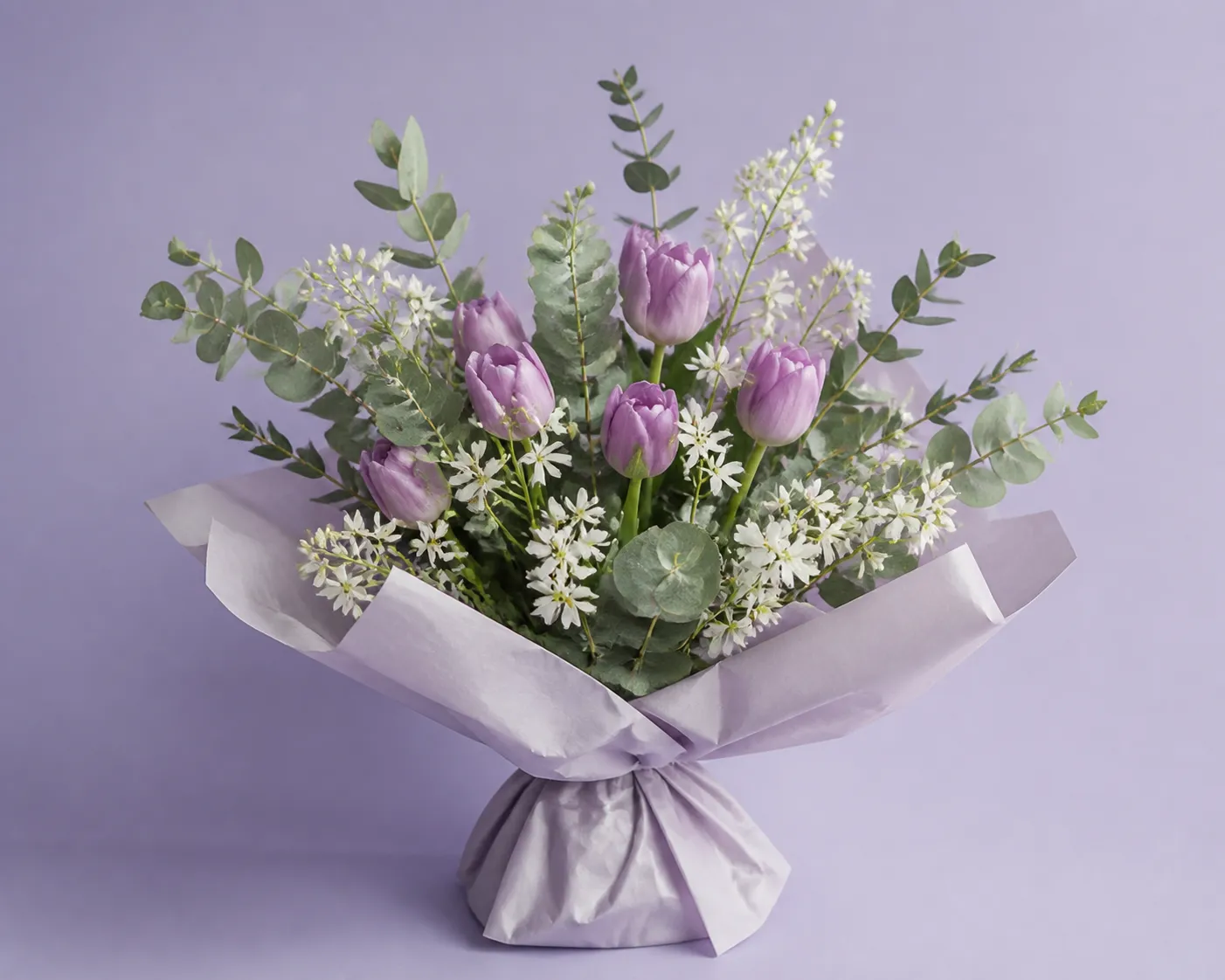 Lavender tulips and white flowers with eucalyptus-inspired foliage in After Rain