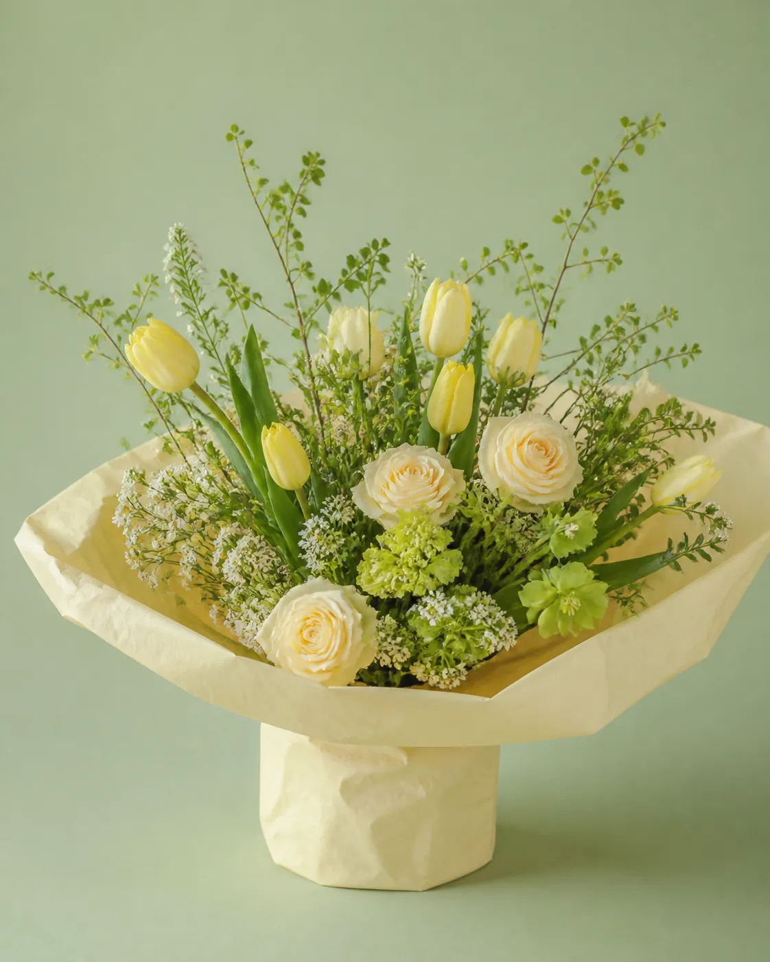 Pale yellow tulips and cream roses with airy green foliage in Quiet Thanks