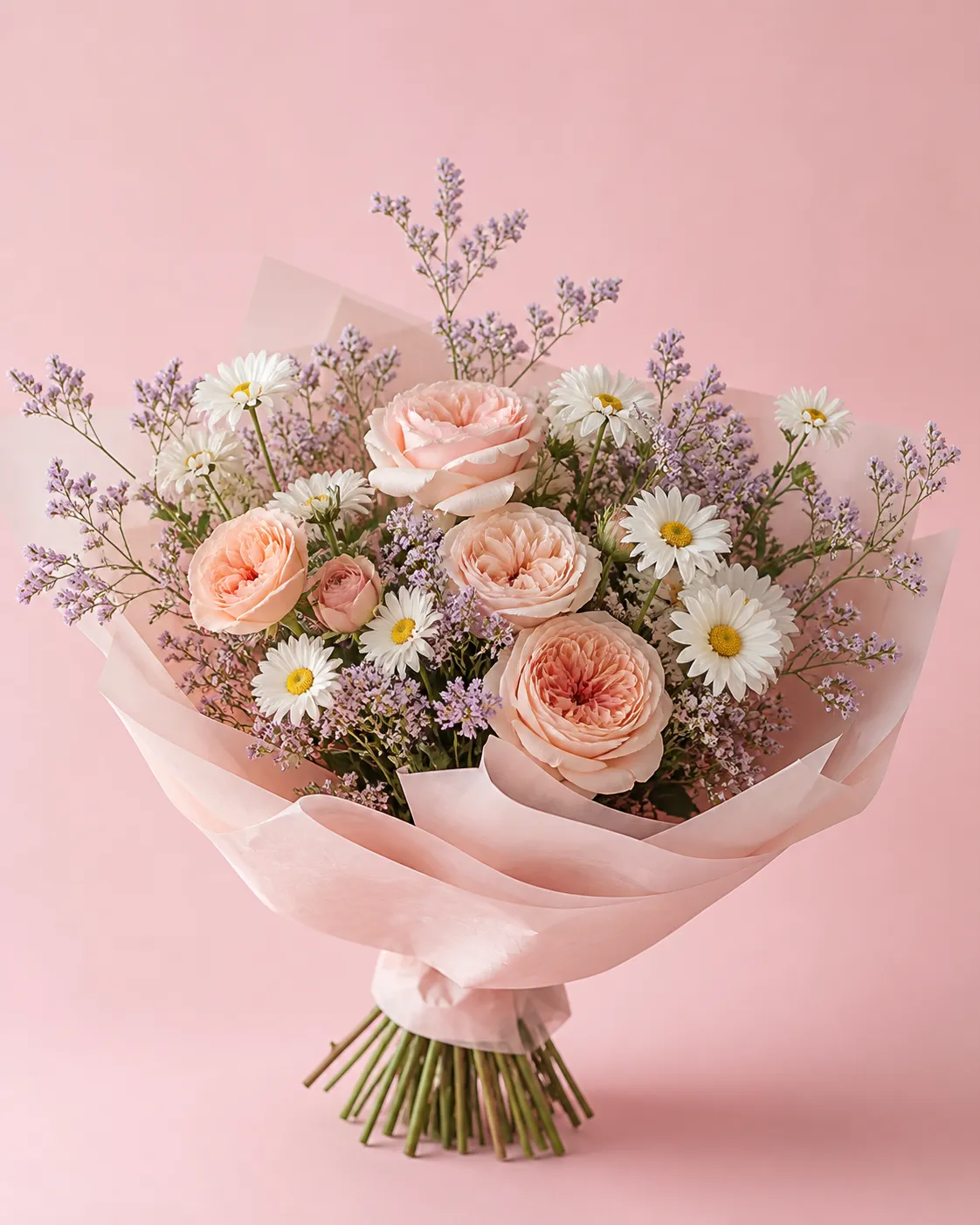 Blush roses, white daisies and lilac flowers in the Soft Morning bouquet