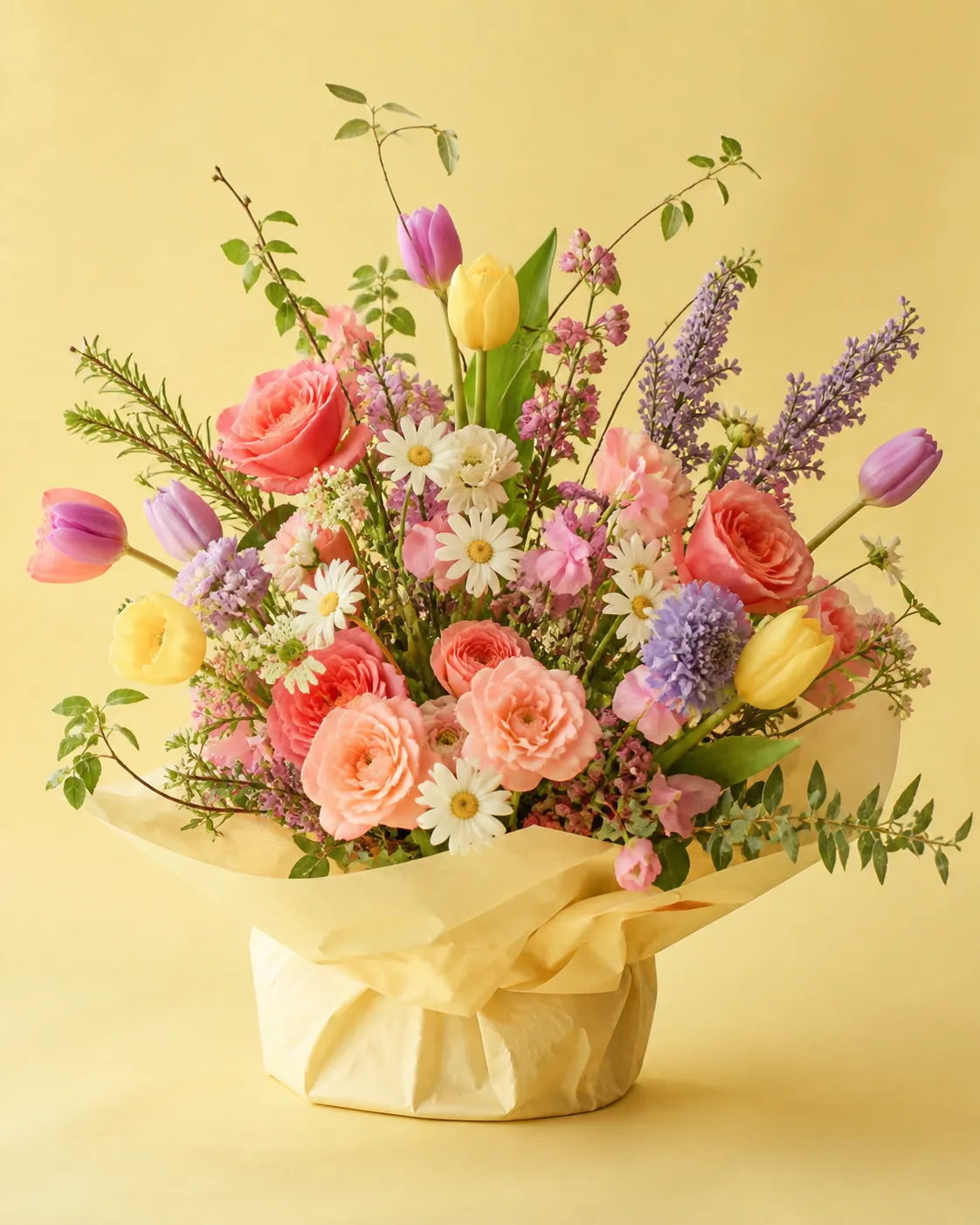 An abundant bright bouquet with coral roses, pastel tulips and dancing foliage